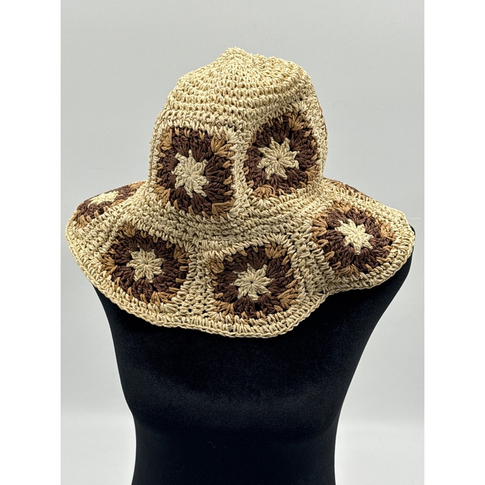 Handmade Crochet Granny Square Paper Straw Bucket Hat Beige Brown Boho Sun Hat